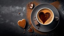  A Cup Of Coffee With Heart Shaped Cookies On A Plate And A Spoon On A Table With Chocolate Chips And A Piece Of Chocolate In The Shape Of A Heart.  Generative Ai