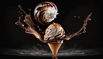 Wall Mural -  an ice cream sundae with chocolate swirls and a flower on top of it, in a dark room with smoke and light coming from the window.  generative ai