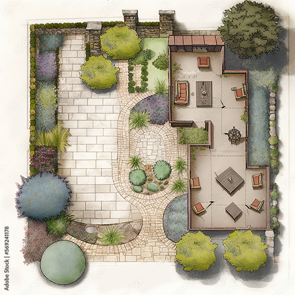 Landscape architect plan design. Watercolor hand painted with brushes. Colorful splashes in the paper. It is wet texture background for creative wallpaper, floral card and artwork. - Generative AI