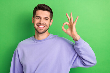 Sticker - Photo of sweet good mood young guy dressed violet clothes showing okey sign isolated green color background