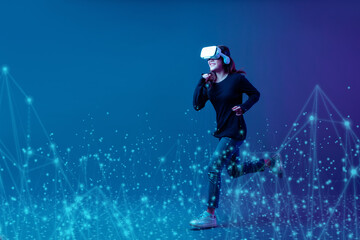 Metaverse technology concept. Young Asian woman wearing VR headset with experience playing video game and running with light element on futuristic purple cyberpunk neon light background.