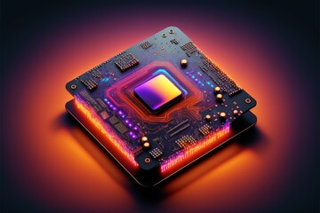 Colourful neon computer processor on black background, created using generative ai technology