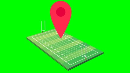looping animation of a red geo location marker hopping across a 3d american football field with its 