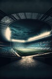 Fototapeta Sport - General view of football stadium with lights over sky created using generative ai technology