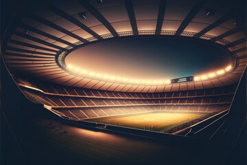 General view of football stadium with lights over sky created using generative ai technology