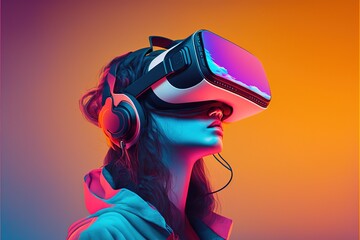 Wall Mural - caucasian woman using vr headset on neon orange background, created using generative ai technology