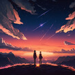 Couple on mountain track looking at Sunset, Anime Digital Art illustration for background wallpaper. Generative AI