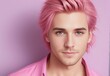© OlScher - Portrait of a man with pink hair and pink clothes on a pink background. Generative AI