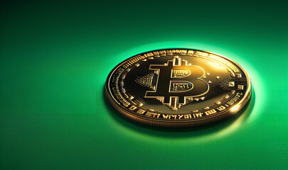 Wall Mural - Gold golden bitcoin bit coin on green lighted background. Copy space and mockup. Generative AI