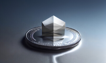 3D illustration of ethereum coin with symbol shape. Silver coin. Generative AI