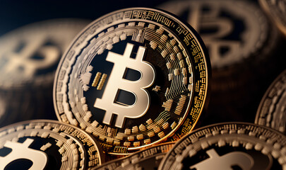 Bitcoin. Physical gold bit coin. Digital currency. Cryptocurrency. Golden coin with bitcoin symbol. Generative AI