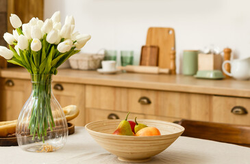 Wall Mural - Wood table on blur kitchen room background.