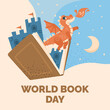Banner for World Book Day. Open book of fairy tales with dragon and castle.