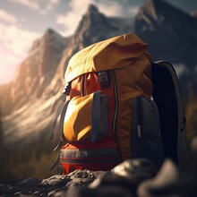 Backpack Sitting On A Rock With Mountains In The Background. Generative Ai.