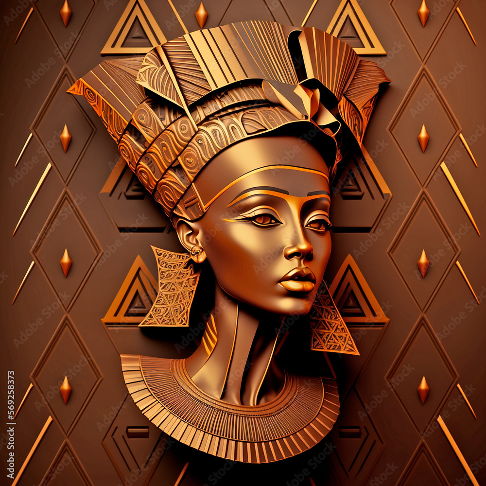 3d wallpaper in Egyptian style with Queen Nefertiti pyramid on a brown ...