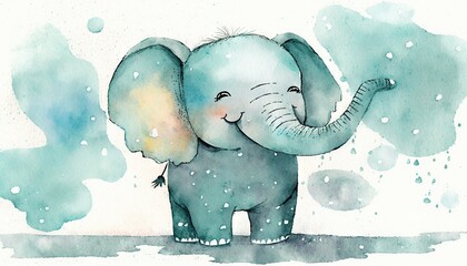 Wall Mural - a watercolor drawing of an elephant with a blue background and a yellow trunk and trunk, with a whit