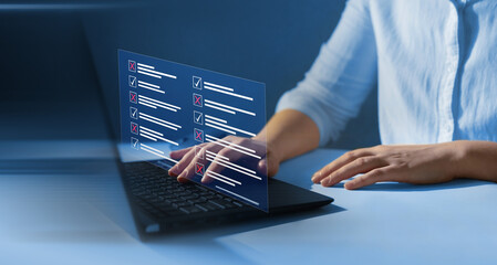 Fototapete - Survey form concept. Check marks on checklist and Filling online form or answering questions. Customer Experiences and satisfaction concept.