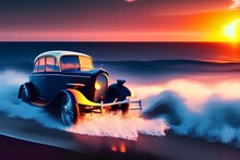 Navy Blue Old Car With Waves And Sunset In The Background - Generative Ai