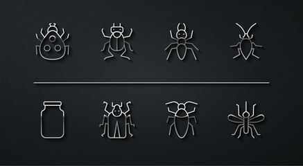 Poster - Set line Ladybug, Glass jar, Cockroach, Beetle, Mosquito and Ant icon. Vector