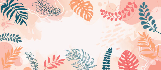 Wall Mural - Design banner frame background .Colorful poster background vector illustration.Exotic plants, branches,art print for beauty, fashion and natural products,wellness, wedding and event.