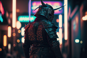 samurai in the future in a city with neon lights. Generative AI