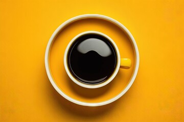  a cup of coffee on a yellow surface with a black saucer on top of the cup and a yellow spoon in the middle of the cup.  generative ai