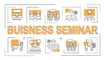 Fototapete - Business seminar banner. Collection of graphic elements for site. Public speaking and lecture. Education and training, press conference. Cartoon flat vector illustrations isolated on white background