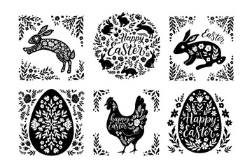 Easter Decoration Background Set with Bunny, Eggs, Chicken Floral Silhouettes. Spring Folk Style Card Design in Black-White Colors. Funny Lettering Typography Label. Easter Greeting Template Group.