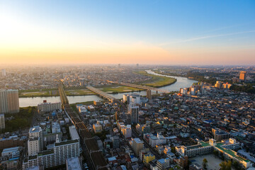 Wall Mural - 千葉県市川市 アイ・リンクタウン展望施設からの夕景、江戸川区方面