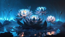  A Group Of Water Lilies Floating On Top Of A Lake Next To Lily Pads And Lily Pads On A Pond With Water Lilies.  Generative Ai