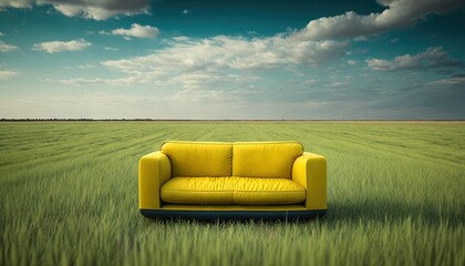  a yellow couch sitting in the middle of a field of green grass under a cloudy blue sky with white puffy clouds in the distance.  generative ai