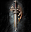Dragon slayers sword, sword of deadly metal to kill a dragon.  Mystical world fantasy art. Image created with genertative ai