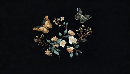  a painting of flowers and two butterflies on a black background with a black background and a black background with a white and yellow flower border.  generative ai