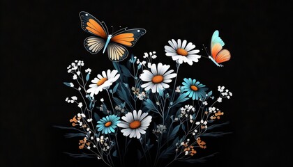 Wall Mural -  a painting of a bouquet of daisies and butterflies on a black background with a butterfly flying over the bouquet of daisies and daisies.  generative ai