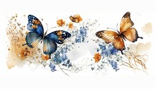  A Painting Of Two Butterflies Flying Over A Bunch Of Blue And Orange Flowers With Watercolor Splashes On The Bottom Of The Image And Bottom Half Of The Image.  Generative Ai