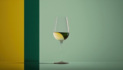 Wall Mural -  a glass of wine sitting on top of a table next to a green and yellow striped wall with a shadow of a glass of wine.  generative ai