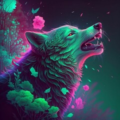 Wall Mural - illustration of a wolf and flower