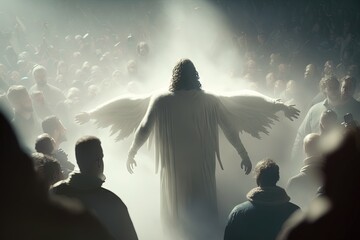  a man dressed in a white angel costume standing in front of a crowd of people in a foggy area with his arms outstretched out.  generative ai