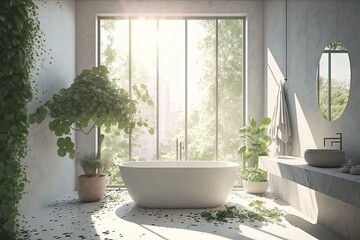 Wall Mural -  a bathroom with a tub, sink, mirror, and plants in the corner of the room and a large window with a view of the outside.  generative ai