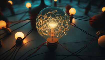 Poster -  a light bulb surrounded by many wires and bulbs on the floor, with one light bulb turned on and the other turned on, in the center.  generative ai