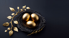 Creative Minimal Concept. Easter Day. Golden Egg With Gold Leaves Lying On Twigs Nest Isolated. View, Mock Up, Copy Space. Top View, Flat Lay	
