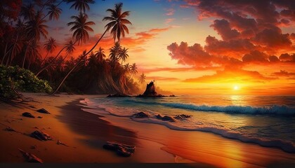Wall Mural -  a painting of a sunset on a tropical beach with palm trees and a rock formation in the foreground, and the sun setting on the horizon.  generative ai