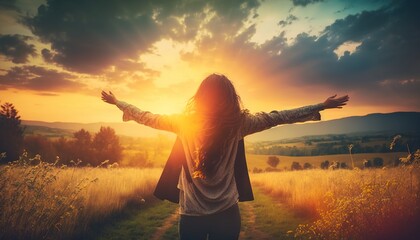 Canvas Print -  a woman standing in a field with her arms spread out to the sun behind her and her arms spread out to the side of her body.  generative ai