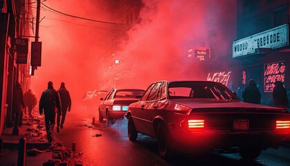 Wall Mural -  a group of cars parked on a street next to a red smoke cloud in the dark of the night with people walking on the sidewalk.  generative ai