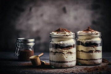 Poster -  two jars filled with dessert sitting on top of a wooden table next to a cup of coffee and a cookie on top of a table.  generative ai