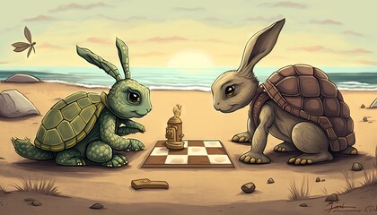 Wall Mural -  a couple of animals that are playing a game of chess on a beach near the ocean and a butterfly flying over the beach and a chess board.  generative ai