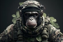 Portrait Of A Chimpanzee Dressed In A Military Tactical Uniform, Generative Ai
