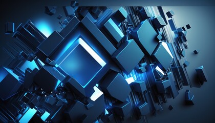 Poster -  a blue abstract background with cubes and triangles in the center of the image, with a black background and a blue light at the end of the image.  generative ai