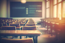 Empty Defocused University Classroom. Generative Ai. Business Conference Room. Blurred School Classroom Without Students With Empty Chairs And Tables