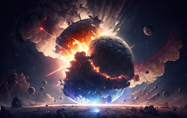 Wall Mural - explosion of a planet in outer space from a collision with a meteorite. concept of catastrophe catac